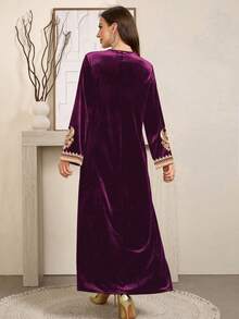 SHEIN Najma 女士印花长袖优雅丝绒阿拉伯连衣裙，适合春秋季穿着 - 綠色 - 查看 2