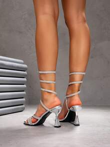 CUCCOO SZL Women's Fashionable Silver Rhinestone Ankle Strap High Heel Sandals, Suitable For Dates, Gatherings, Parties And Various Occasions - Silver - View 2