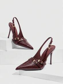 CUCCOO SZL Women's Pointed Toe Buckle Design Everyday Versatile Fashion High Heels For Christmas - Burgundy - View 3