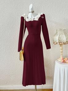 Feyla Vestido de Malha Ajustado com Decoração Floral Vestido Tipo Suéter em Linha A para Outono/Inverno - Vinho - Visão 3