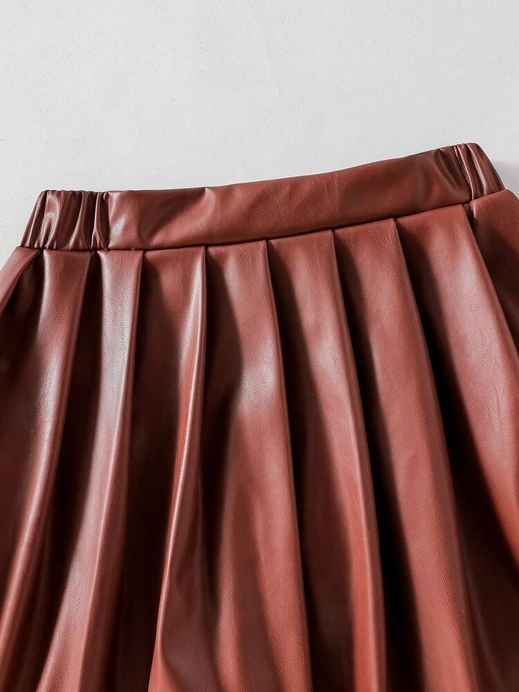 女童三件套服装：黑色毛绒背心（带蝴蝶结装饰）+ 白色罗纹高领上衣 + 棕色 PU 百褶裙，新年及冬季服装 - 彩色 - 查看 7