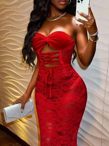 Slaydiva 春夏新款蕾丝连衣裙，细肩带，交叉露背设计，鱼尾下摆，优雅性感，适合派对、约会、宴会、休闲装、度假、游轮、海滩、日光浴 - 紅色 - 查看 3