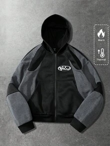 ROMWE MEN Casual 男士休闲撞色印花拉链连帽卫衣，秋冬季 - 黑色 - 查看 1