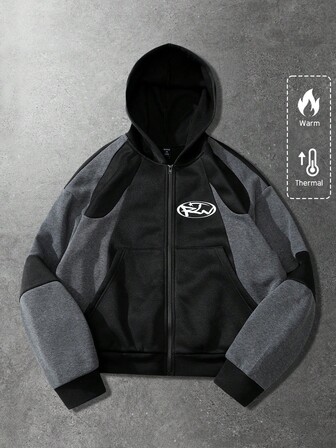 Street Life Men's Casual Contrast Color Graphic Print Zip-Up Hoodie Sweatshirt, Autumn/Winter