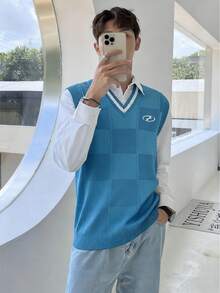 Claim Dot 男士时尚休闲V领针织背心 - 藍色 - 查看 3