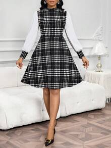 SHEIN Lady 女士时尚休闲千鸟格印花立领中长连衣裙 - 彩色 - 查看 5