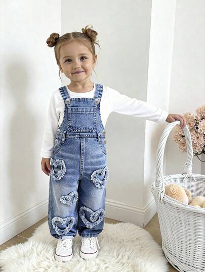 SHEIN Playful Pals Infant/Toddler Girls' Heart Pattern Casual Denim Jumpsuit