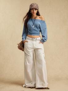 Easelle Women's Blue Oblique Shoulder Eyelet Design Long Sleeve Cropped Casual Sweatshirt - Dusty Blue - View 5