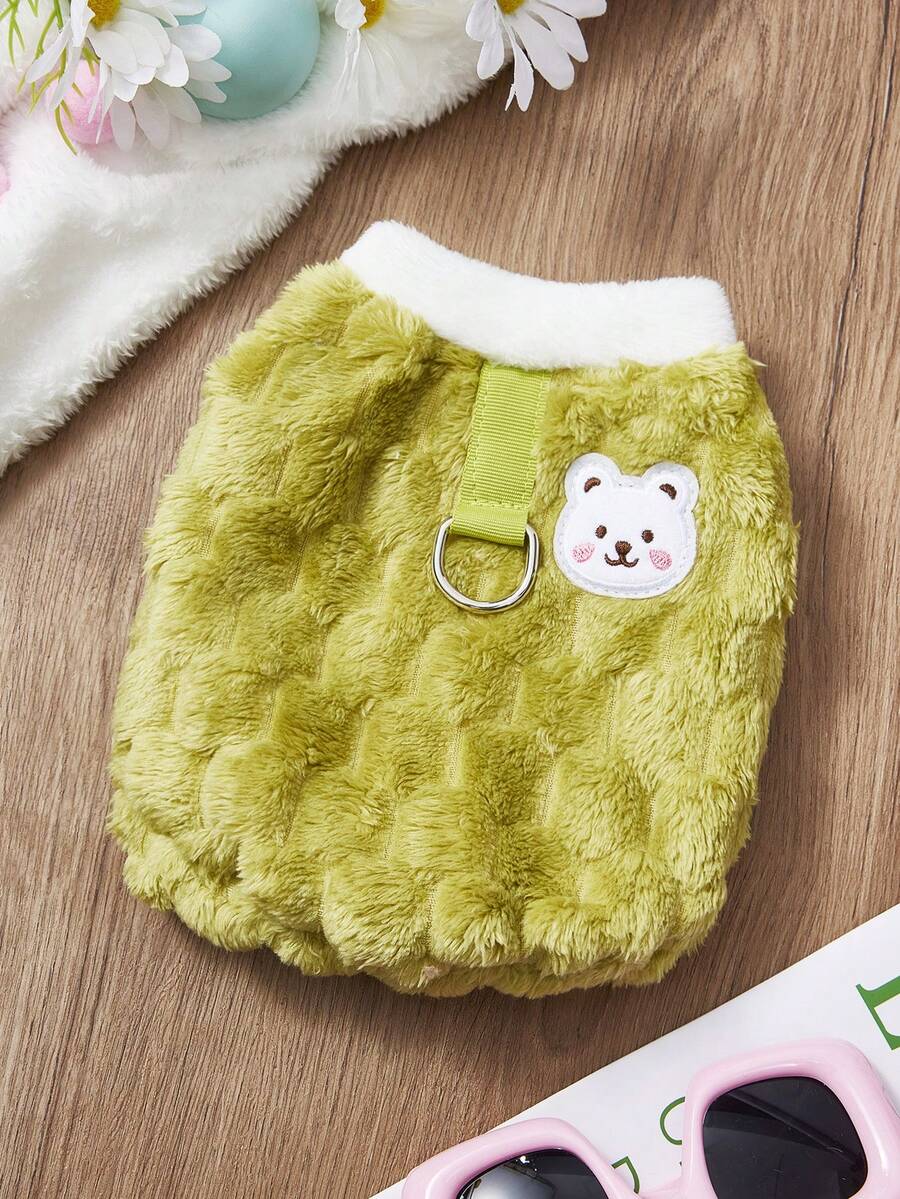 PETSIN 1pc Green Grid Plush Pet Vest With Traction Buckle, Autumn And Winter Thick Warm And Cute Casual Pet Thick Clothes - Green - View 1