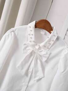 SHEIN Elladie kids 女童珍珠装饰肩部可拆卸蝴蝶结上衣，宽松版型，活力风格，舒适面料，适合搭配背带裙叠穿或单穿，春秋季 - 白色 - 查看 3