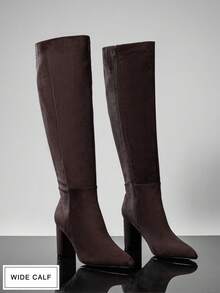 SHUZIA Bốt cao đến đầu gối giả da lộn mũi vuông cổ rộng dành cho nữ - Cà phê nâu - Xem 6