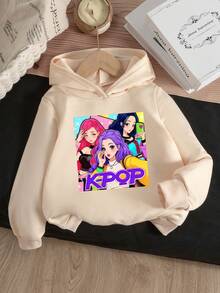 Young Girl' Cartoon Cute K-POP Girl Print Hooded Sweatshirt, Suitable For Autumn/Winter Outfits