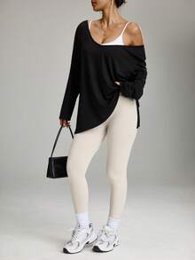 Rhythm Era 大码女式纯色V领侧抽绳宽松休闲长袖T恤