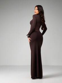 MISSGUIDED Women's Mesh Panel High Neck Long Sleeve Bodycon Maxi Evening Dress With Sheer Waist Detail