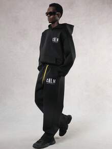 DAZY Men's Letter Embroidery Design Fleece Hoodie Set, Autumn/Winter - Black - View 1