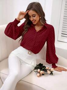 EMERY ROSE 女士时尚休闲印花袖口长袖衬衫 - 酒紅色 - 查看 3