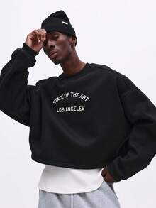 SUMWON Men State Of The Art Los Angeles Crop Sweatshirt Crew Neck Long Sleeve Pullover Black Urban Streetwear Fall Winter - Black - View 1