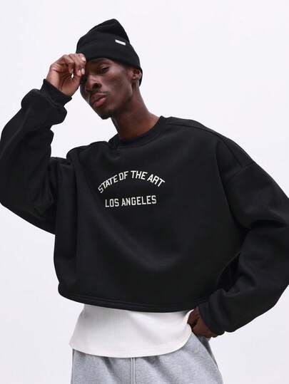 SUMWON Men State Of The Art Los Angeles Crop Sweatshirt Crew Neck Long Sleeve Pullover Black Urban Streetwear Fall Winter