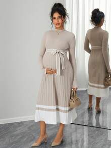 Momance Maternity Pleated Stand Collar Striped Print Belted Long Sleeve Sweater Dress - Apricot - View 5