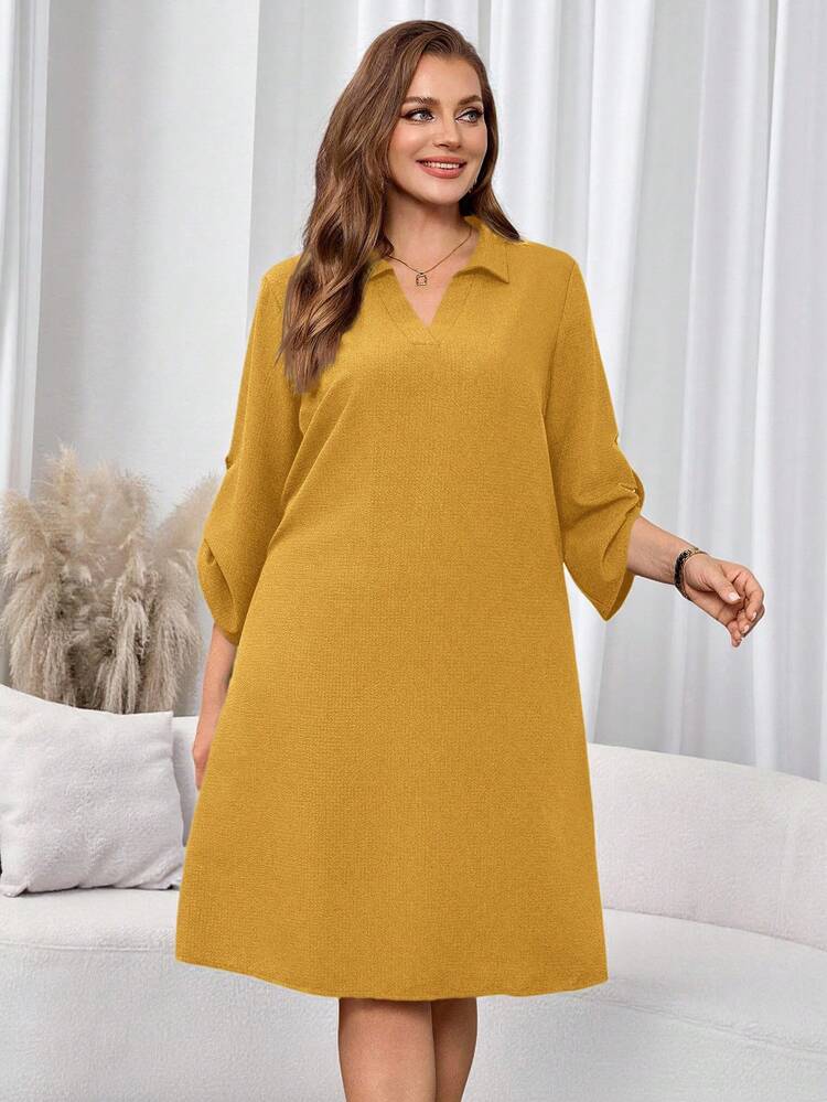 Plus Size Solid Color Turndown Collar Casual Versatile 3/4 Sleeve Dress