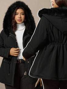 Zelara Plus Size Women Solid Color Long Sleeve Zipper Collar Faux Fur Hooded Casual Winter Jacket Women's Quilted Zipper Long Hooded Padded Jacket With Pockets, Warm And Comfortable,2025 New,Comfortable And Warm From The Cold,Plus Size Women Long Sleeve Pockets Casual Coat,Fall Women Clothes, Winter Clothes For Women,Vintage,Going Out Outfits,Fall Outfits,Winter For Women,Fall Clothes Plus Size, Office Outfits For Women,Fall Outfits For Women,Classy Outfits For Women,Women's Fall Clothes,Office,Old Money Style Women,Plus Size Women Long Sleeve Pockets Casual Hooded Coat,Quilted Coat,Zip Up,Women's Winter Clothes ,Christmas Women's Clothing,Suitable For Multiple Occasions Autumn Women'S Autumn And Winter Warm Coat With Fur Collar And Hood - Black - View 12