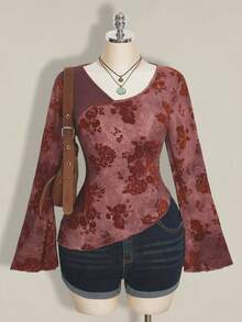 SHEIN ICON Áo thun tay loe họa tiết hoa chéo jacquard cổ điển màu xanh lá cây cổ điển dành cho nữ cỡ lớn - Màu Đỏ Sâu - Xem 1