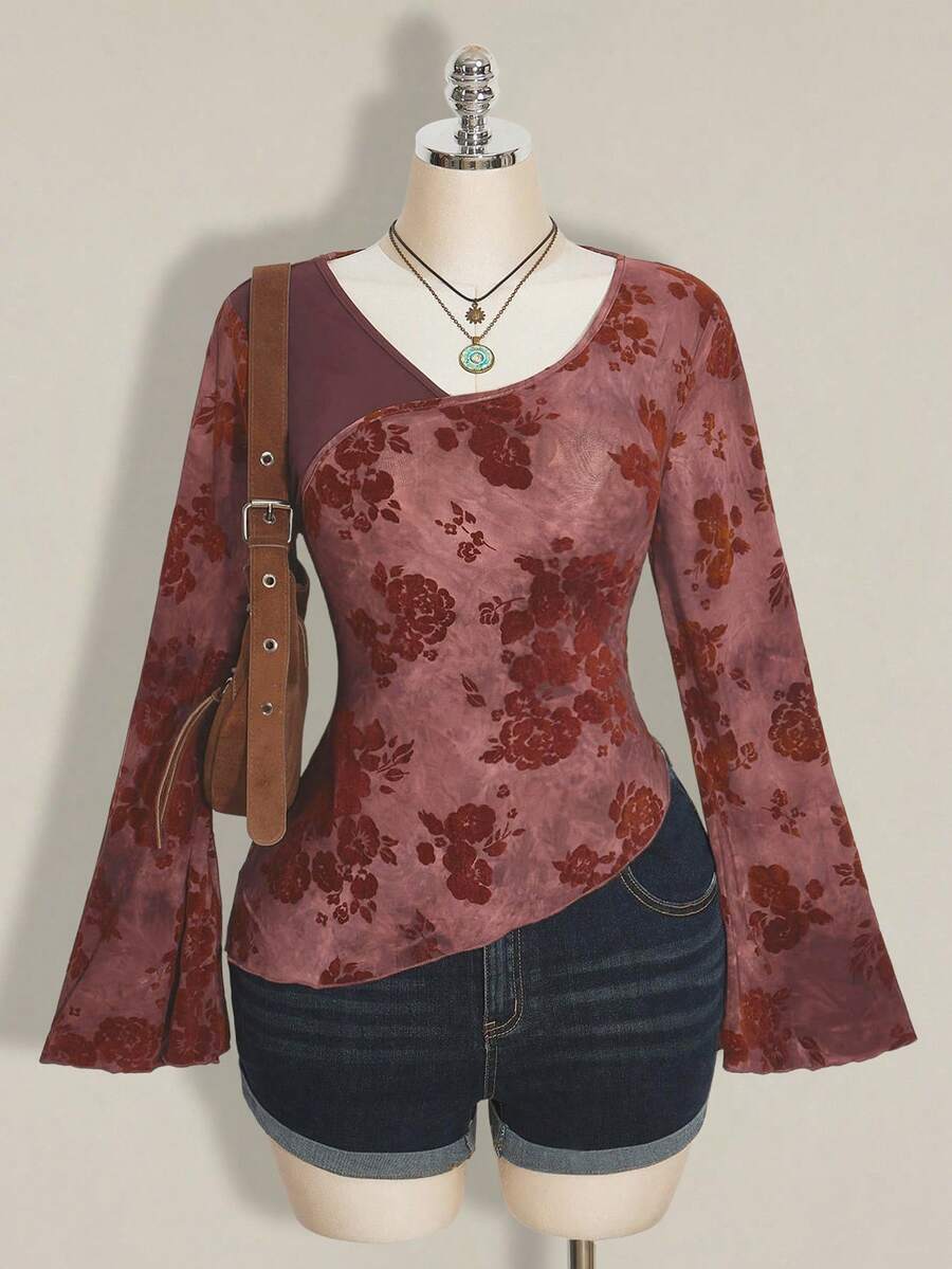 SHEIN ICON Áo thun tay loe họa tiết hoa chéo jacquard cổ điển màu xanh lá cây cổ điển dành cho nữ cỡ lớn - Màu Đỏ Sâu - Xem 1