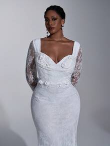 Elitara Robe de mariée grande taille sexy blanche à col profond drapé, manches longues, encolure transparente, décoration appliquée, ourlet sirène avec traîne - Blanc - Voir 6