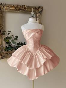 Lovelzi Váy xòe hai lớp bằng vải satin trắng bóng, sang trọng, thanh lịch, quý phái, không dây, thắt eo, thích hợp cho tiệc độc thân, đám cưới, tốt nghiệp, kỳ nghỉ, dạ tiệc - Rượu sâm banh - Xem 4