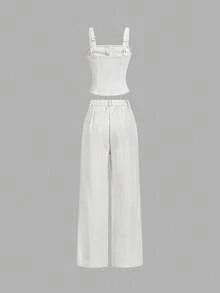 SHEIN MOD 仿珍珠纽扣装饰背心，直筒裤，贵族风套装，女士两件套，女士两件套，粗花呢两件套，白色两件套，秋冬节日两件套 - 白色 - 查看 2