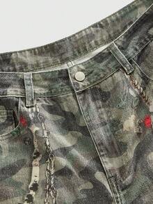 ROMWE MEN Grunge Punk Men's Casual Retro Camouflage Print Denim Jeans