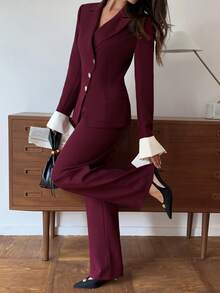 Elyressa 女士优雅撞色翻领长袖外套和裤子套装 - 酒紅色 - 查看 6