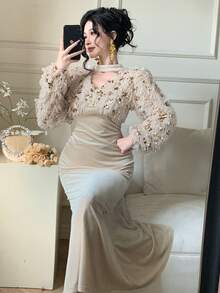 DAZY Women's V-Neck Sequin & Faux Fur Patchwork Mermaid Hem Elegant Dress Maxi Dress - Apricot - View 7