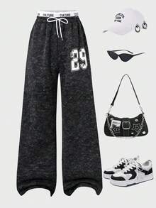 女士休闲宽松阔腿运动裤，适合秋冬日常休闲穿着 - 黑色 - 查看 1