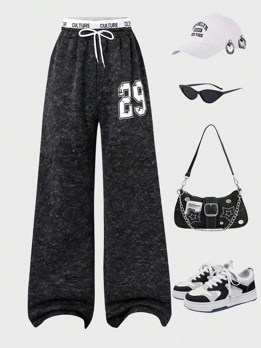 女士休闲宽松阔腿运动裤，适合秋冬日常休闲穿着 - 黑色 - 查看 1