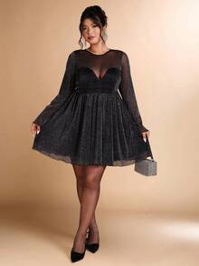 Cravure 大码女式秋冬闪光 A 字型派对连衣裙，适合宴会、聚会、派对 - 黑色 - 查看 5