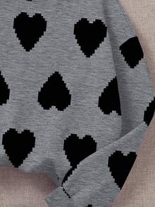 Tween Girl Casual Loose Fit Crew Neck Comfortable Long Sleeve Sweatshirt, Suitable For Autumn/Winter, Classic Pixel Heart Print Design