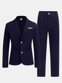 SHEIN 青少年男童藏蓝色修身西装套装，简约廓形，休闲学院风，舒适时尚，适合日常穿着、上学、外出、聚会、度假等各种场合。 - 寶藍色 - 查看 7