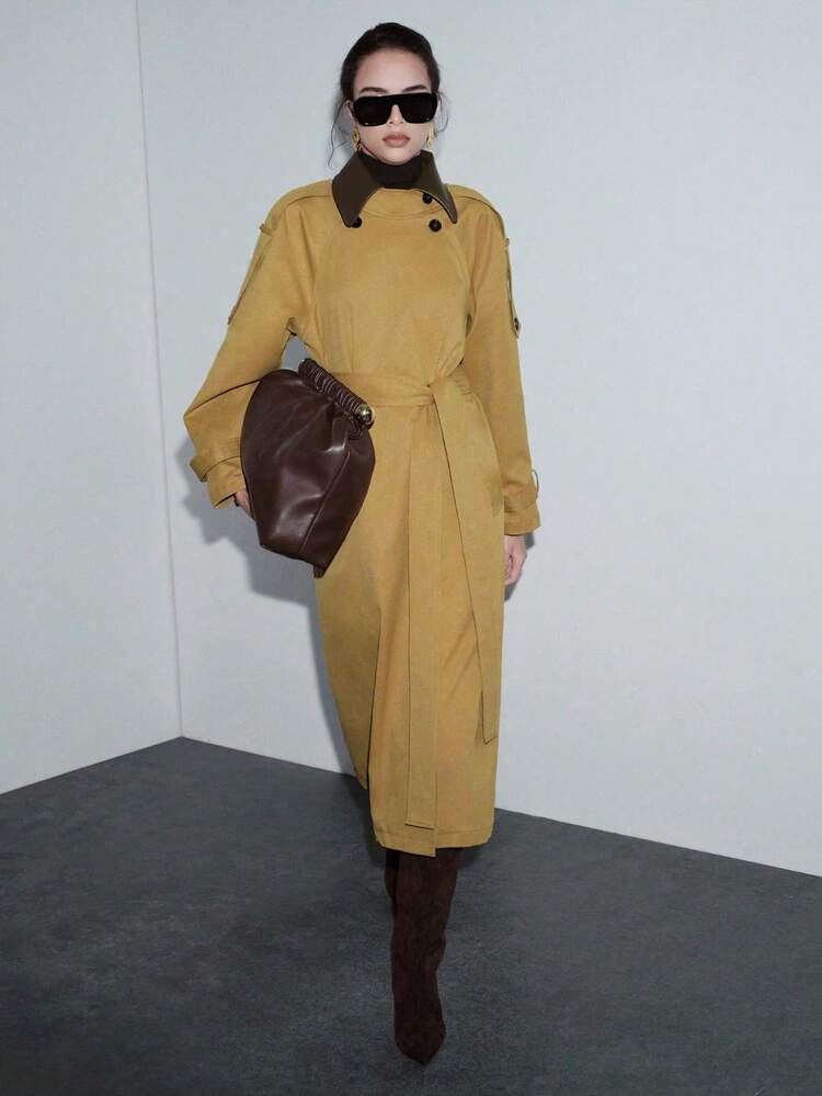 Lumivelle 女士冬季外套，翻领撞色PU皮革优雅双排扣时尚服装系列，双面可穿外套/长款夹克/风衣 - 彩色 - 查看 4