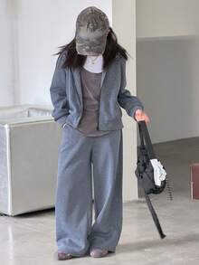 2件套少女针织抓绒连帽衫卫衣和裤子套装，秋季 - 灰色 - 查看 1