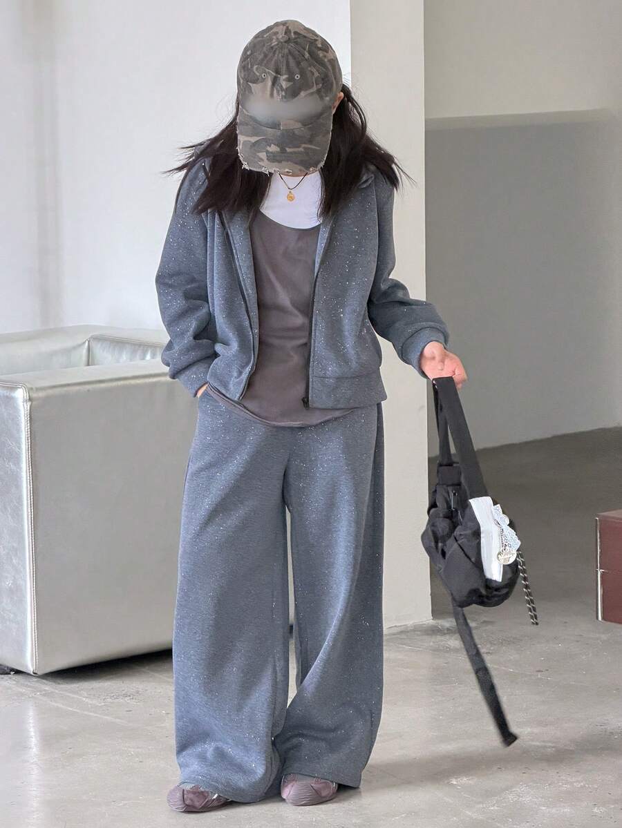 2件套少女针织抓绒连帽衫卫衣和裤子套装，秋季 - 灰色 - 查看 1