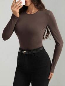 SHEIN Tall Solid Slim Fit Spring Women Bodysuit - Coffee Brown - View 5