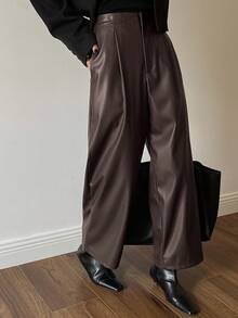 DAZY Damen Lässig PU Leder einfarbige Weite Bein Knöchellange Hose, Herbst/Winter