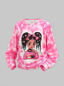 SHEIN Explorewe 2pcs Set Tween Girl Fuchsia Round Neck Portrait Print Top And Leggings, Plus Size - Hot Pink - View 3