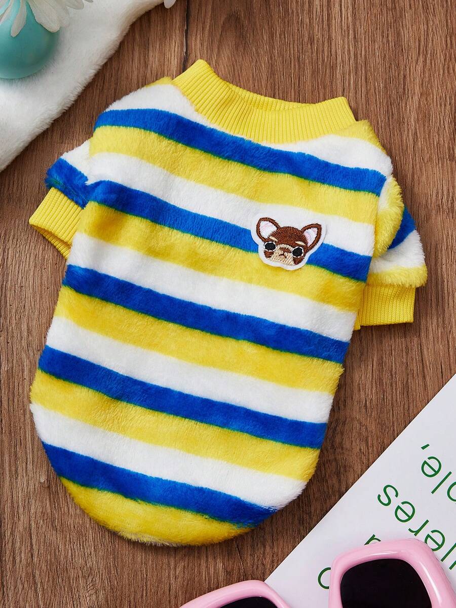 PETSIN 1 件黄色条纹彩色宠物透气保暖连帽衫，适合秋冬季度假休闲，厚宠物服装 - 黃色 - 查看 1