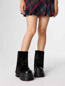 ROMWE Women's Thick Sole Furry Patchwork Mid-Calf Boots, Autumn/Winter For Christmas - Black - View 2