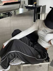 Pantalones Largos Casuales Con Cordón Y Rayas Laterales Para Mujer, Estilo Y2k - Gris - Ver 5