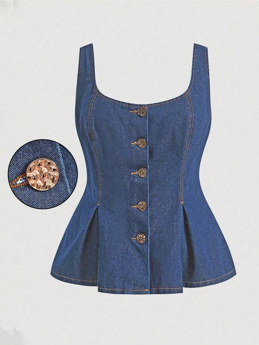 SHEIN MOD 大码女式时尚休闲水洗上衣 - 中等水洗藍 - 查看 1