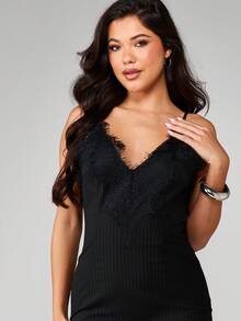 MISSGUIDED Lace Trim Asymmetric Ribbed Cami Mini Dress With Pin Stripe Detail And V-Neckline For Party Evening - Black - View 3