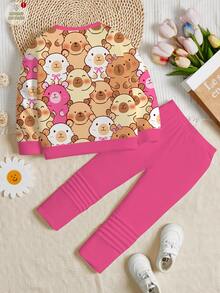 SHEIN Leap Crew 2pcs Tween Girls Cute Pink Autumn Back-To-School Outfit,Capybara Cartoon Animal Print Crew Neck Long Sleeve Sweatshirt And Leggings Set,School Clothes - Multicolor - View 4
